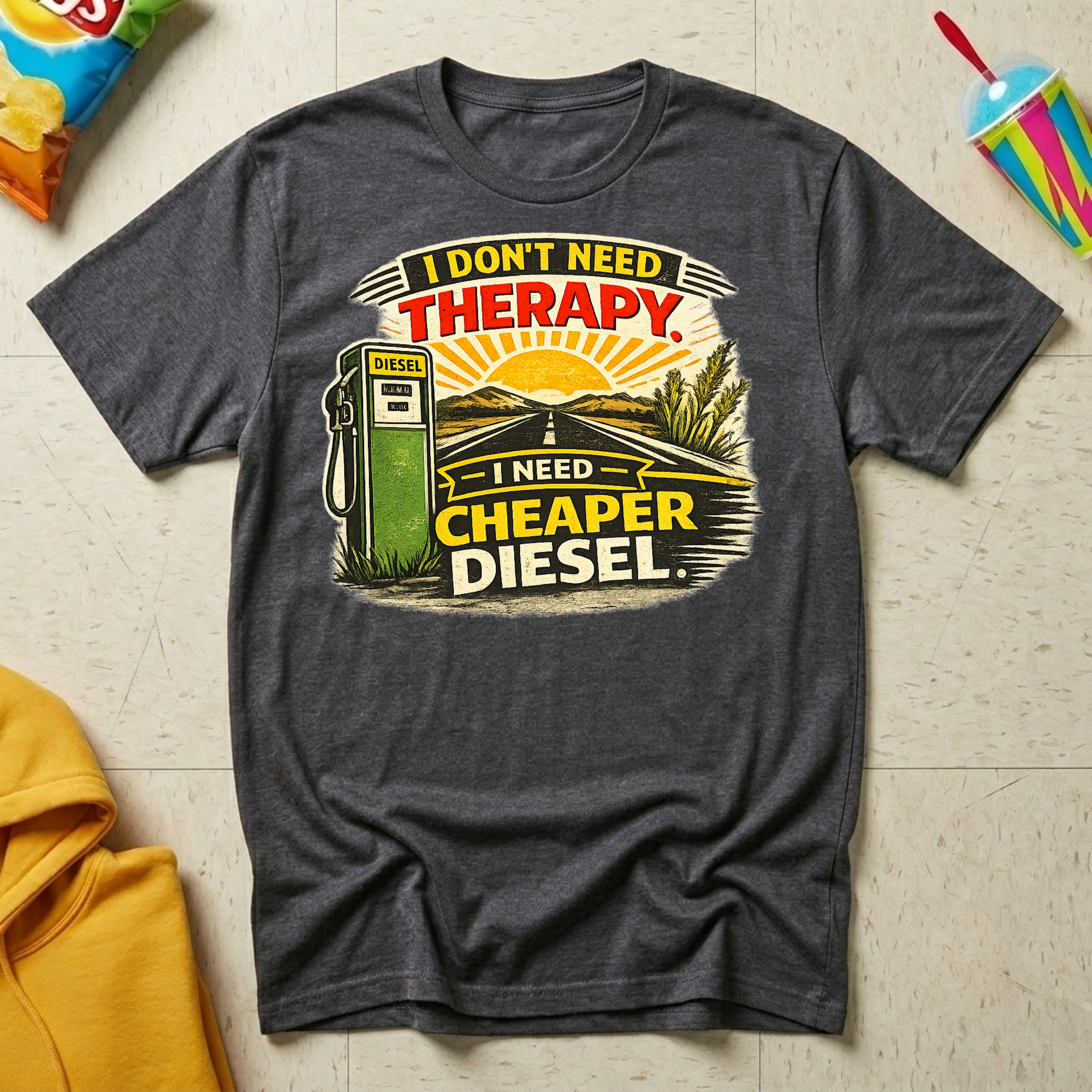 I Don't Need Therapy. I Need Cheaper Diesel T-shirt by The Riverstone Life on a dark heather Gildan Softstyle 64000 featuring a vintage diesel pump and humorous truck stop design.