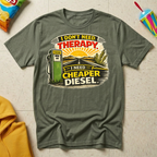 I Don't Need Therapy. I Need Cheaper Diesel T-shirt by The Riverstone Life on a military green Gildan Softstyle 64000 featuring a vintage diesel pump and humorous truck stop design.