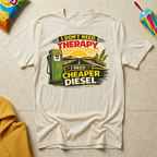 I Don't Need Therapy. I Need Cheaper Diesel T-shirt by The Riverstone Life on a natural Gildan Softstyle 64000 featuring a vintage diesel pump and humorous truck stop design.
