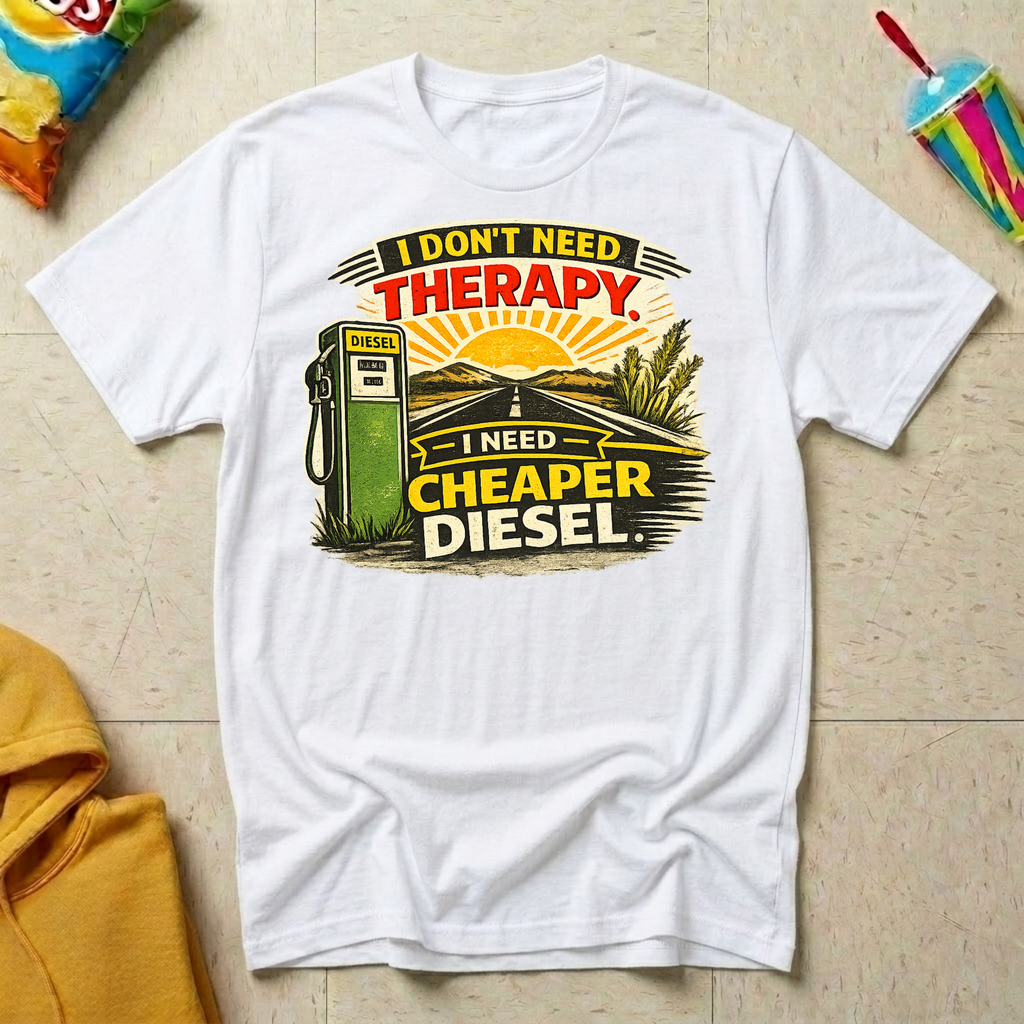 I Don't Need Therapy. I Need Cheaper Diesel T-shirt by The Riverstone Life on a white Gildan Softstyle 64000 featuring a vintage diesel pump and humorous truck stop design.