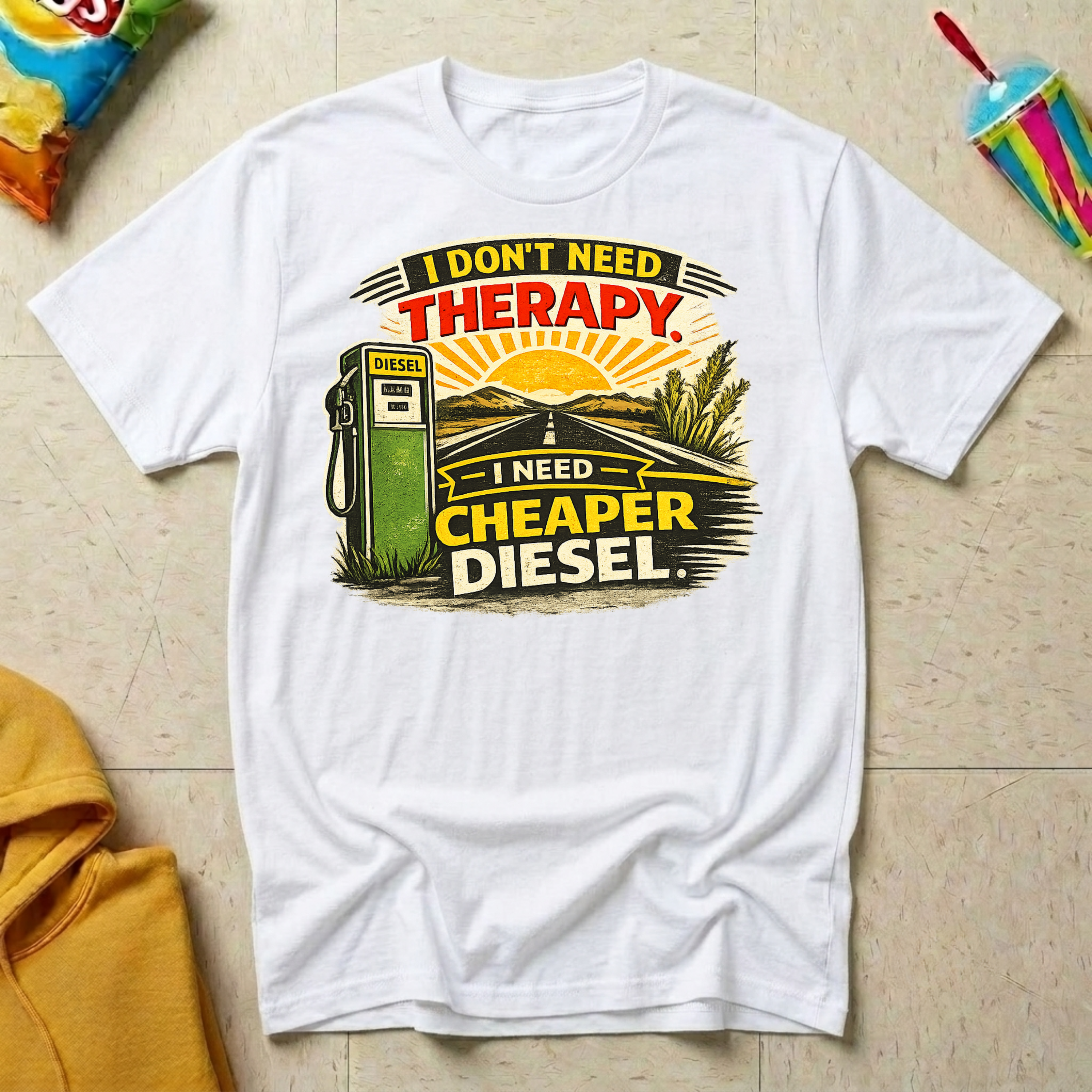 I Don't Need Therapy. I Need Cheaper Diesel T-shirt by The Riverstone Life on a white Gildan Softstyle 64000 featuring a vintage diesel pump and humorous truck stop design.