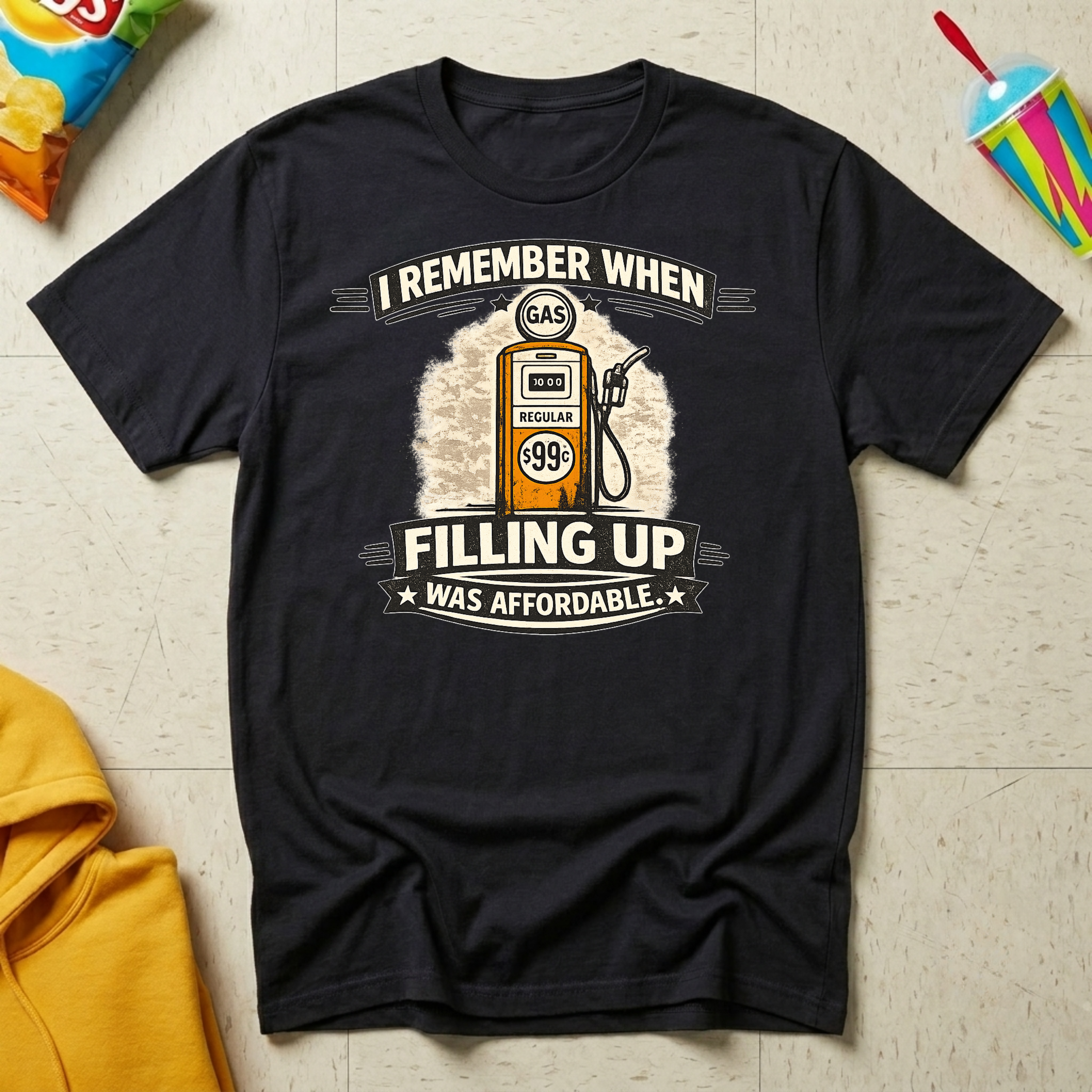 I Remember When Filling Up Was Affordable T-shirt by The Riverstone Life on a black Gildan Softstyle 64000 featuring a humorous gas price and road trip design.