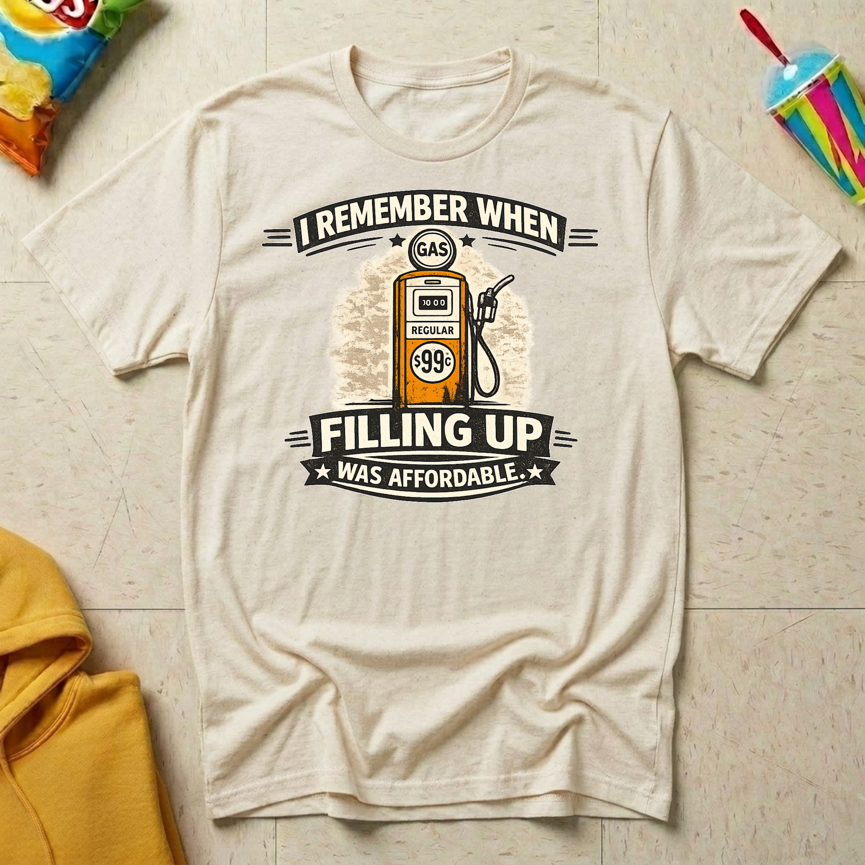 I Remember When Filling Up Was Affordable T-shirt by The Riverstone Life on a natural Gildan Softstyle 64000 featuring a humorous gas price and road trip design.