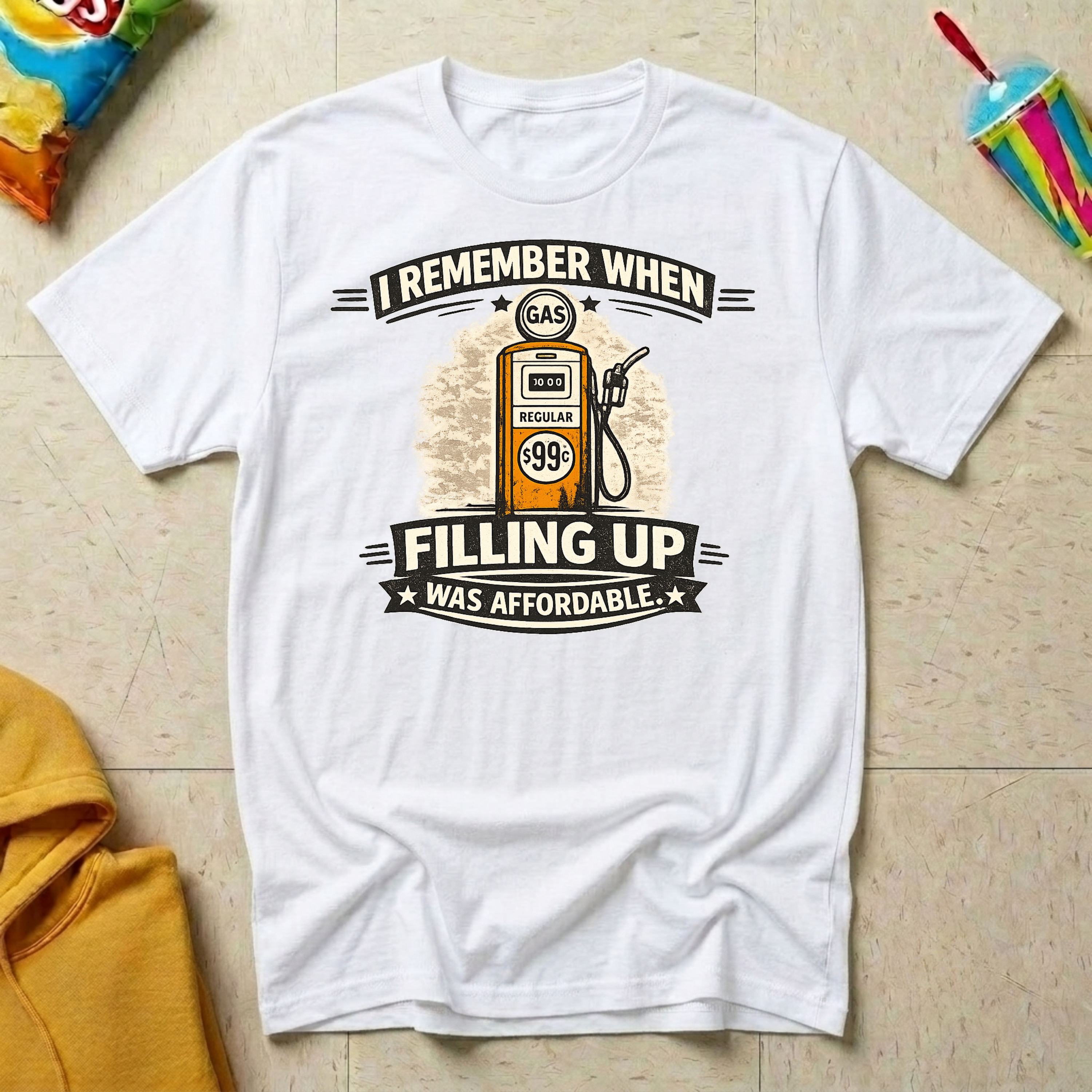 I Remember When Filling Up Was Affordable T-shirt by The Riverstone Life on a white Gildan Softstyle 64000 featuring a humorous gas price and road trip design.