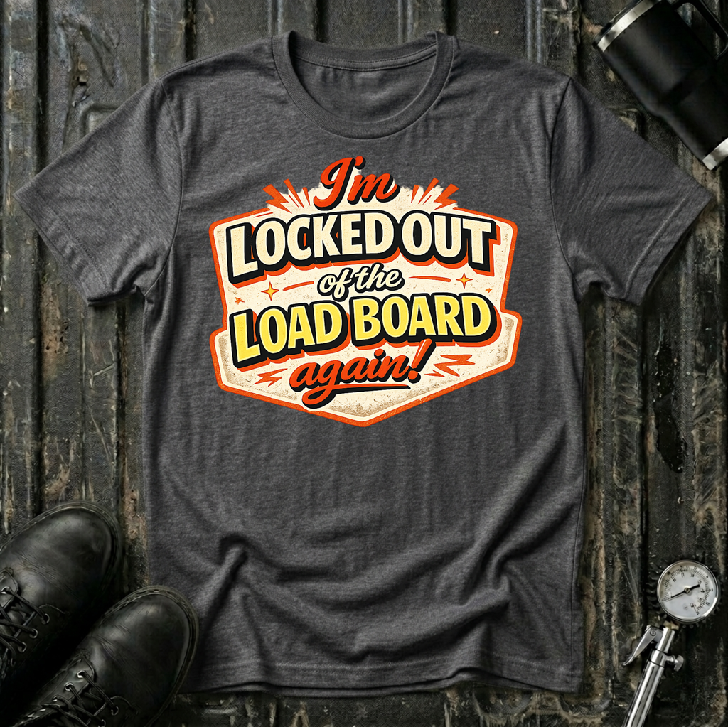 I'm Locked Out of the Load Board...Again! T-shirt by The Riverstone Life on a dark heather Gildan Softstyle 64000 featuring a humorous RV Transport load board design.