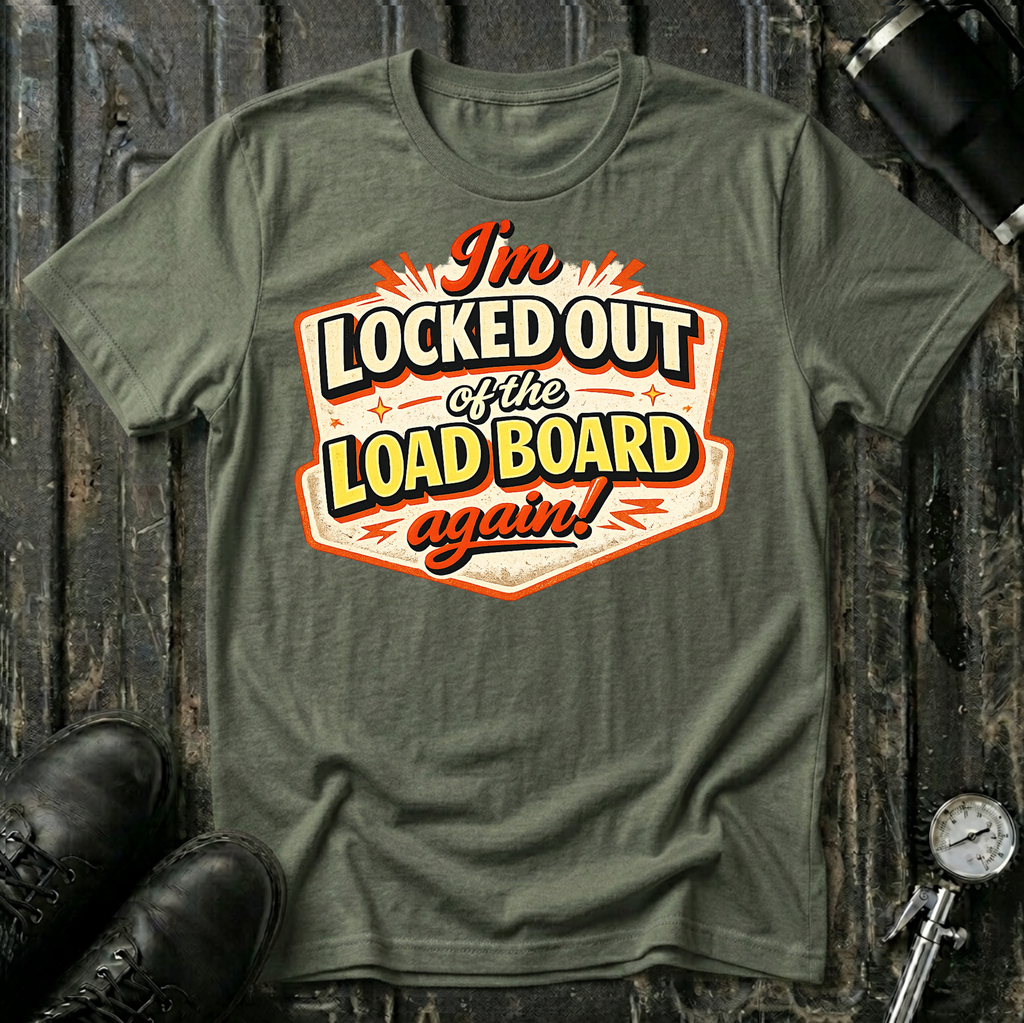 I'm Locked Out of the Load Board...Again! T-shirt by The Riverstone Life on a military green Gildan Softstyle 64000 featuring a humorous RV Transport load board design.