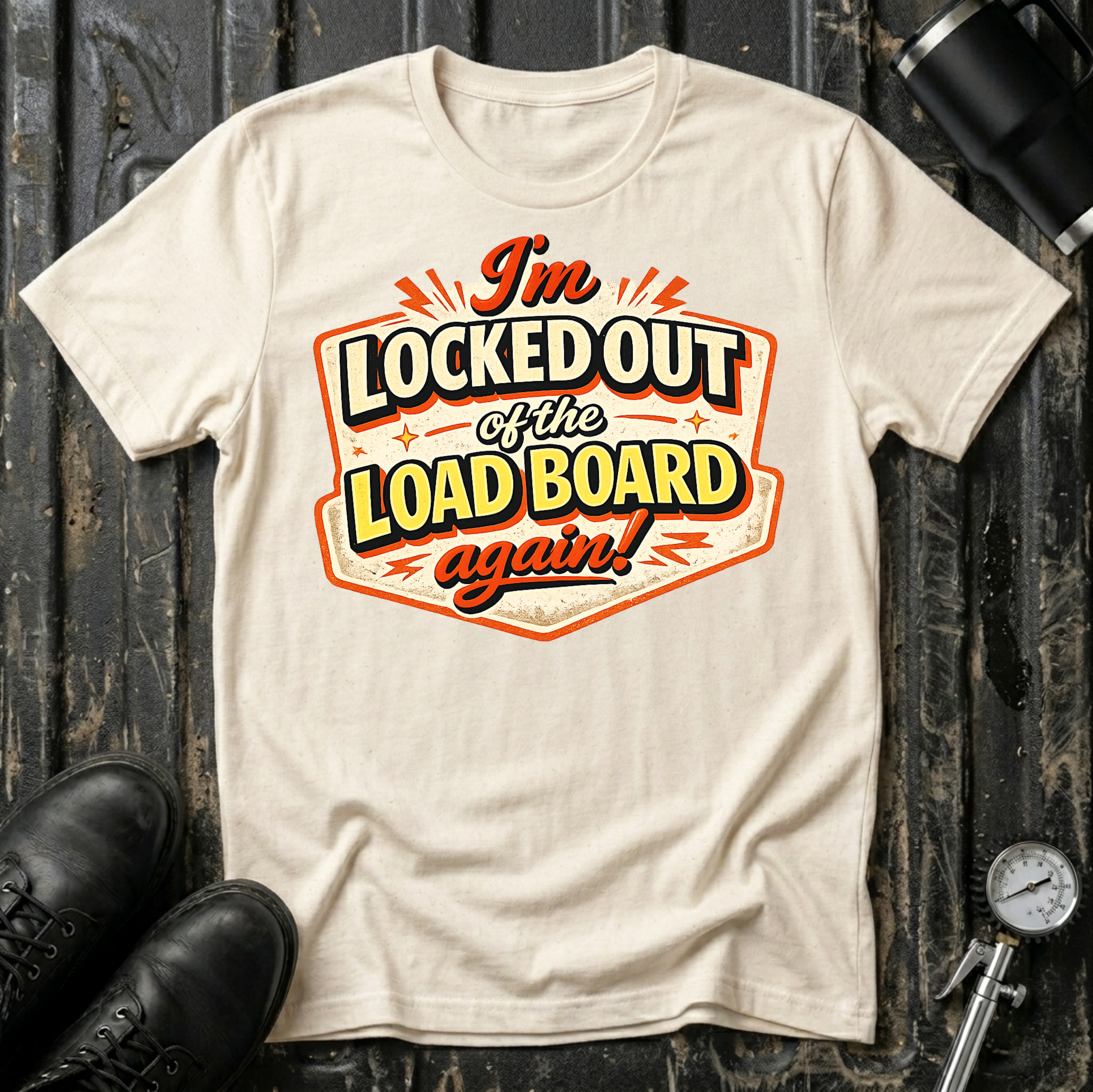 I'm Locked Out of the Load Board...Again! T-shirt by The Riverstone Life on a natural Gildan Softstyle 64000 featuring a humorous RV Transport load board design.