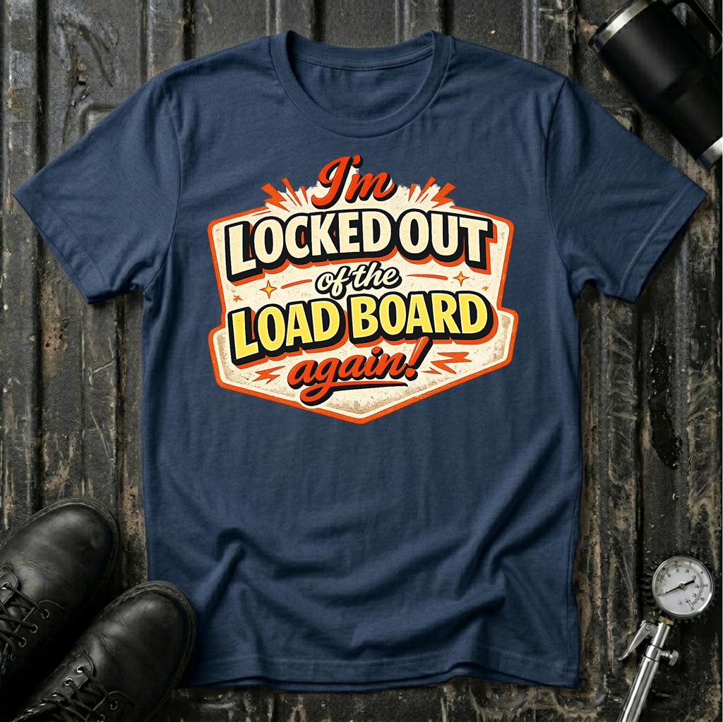 I'm Locked Out of the Load Board...Again! T-shirt by The Riverstone Life on a navy Gildan Softstyle 64000 featuring a humorous RV Transport load board design.
