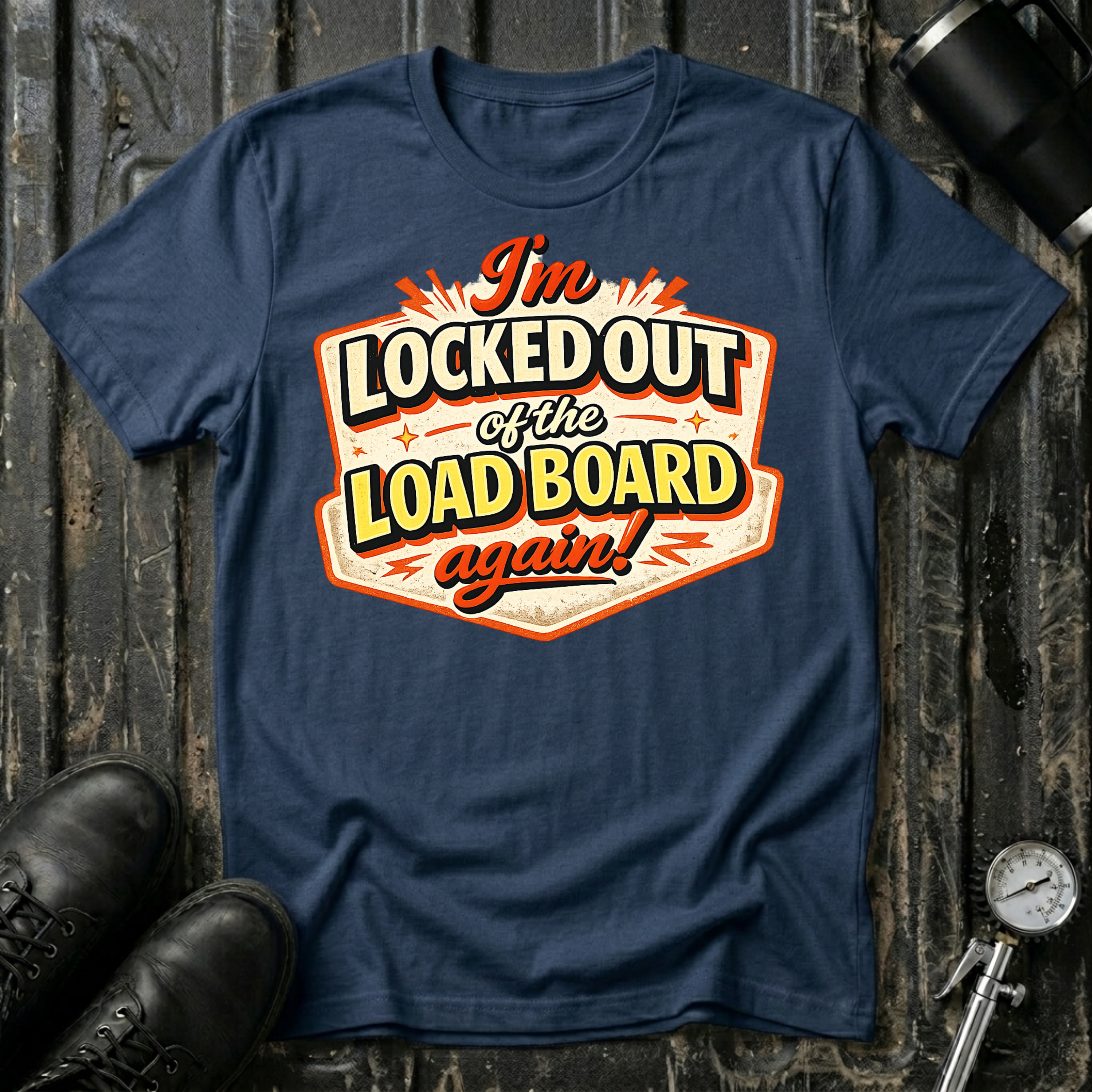 I'm Locked Out of the Load Board...Again! T-shirt by The Riverstone Life on a navy Gildan Softstyle 64000 featuring a humorous RV Transport load board design.