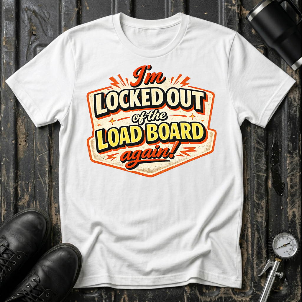 I'm Locked Out of the Load Board...Again! T-shirt by The Riverstone Life on a white Gildan Softstyle 64000 featuring a humorous RV Transport load board design.
