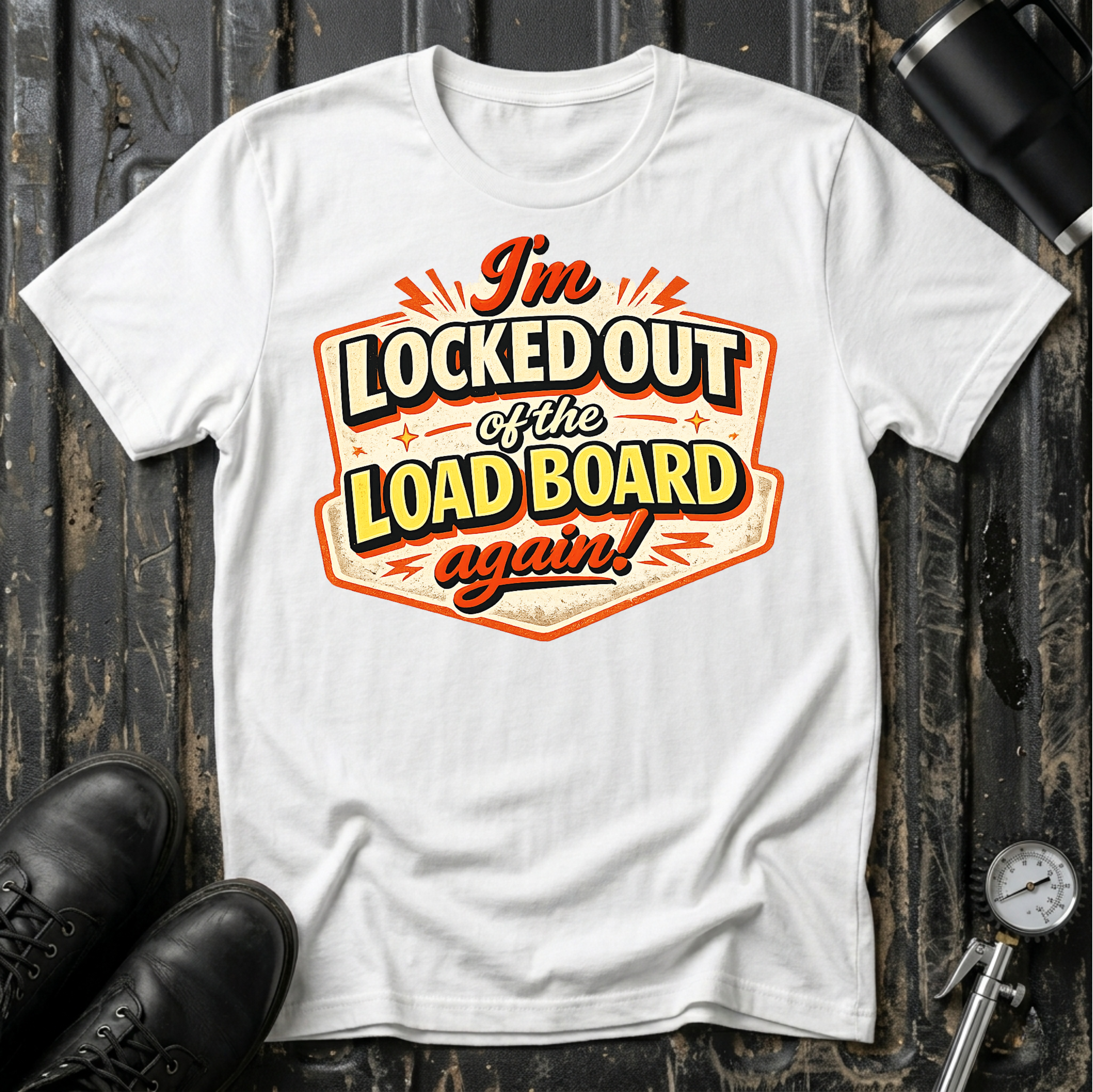 I'm Locked Out of the Load Board...Again! T-shirt by The Riverstone Life on a white Gildan Softstyle 64000 featuring a humorous RV Transport load board design.