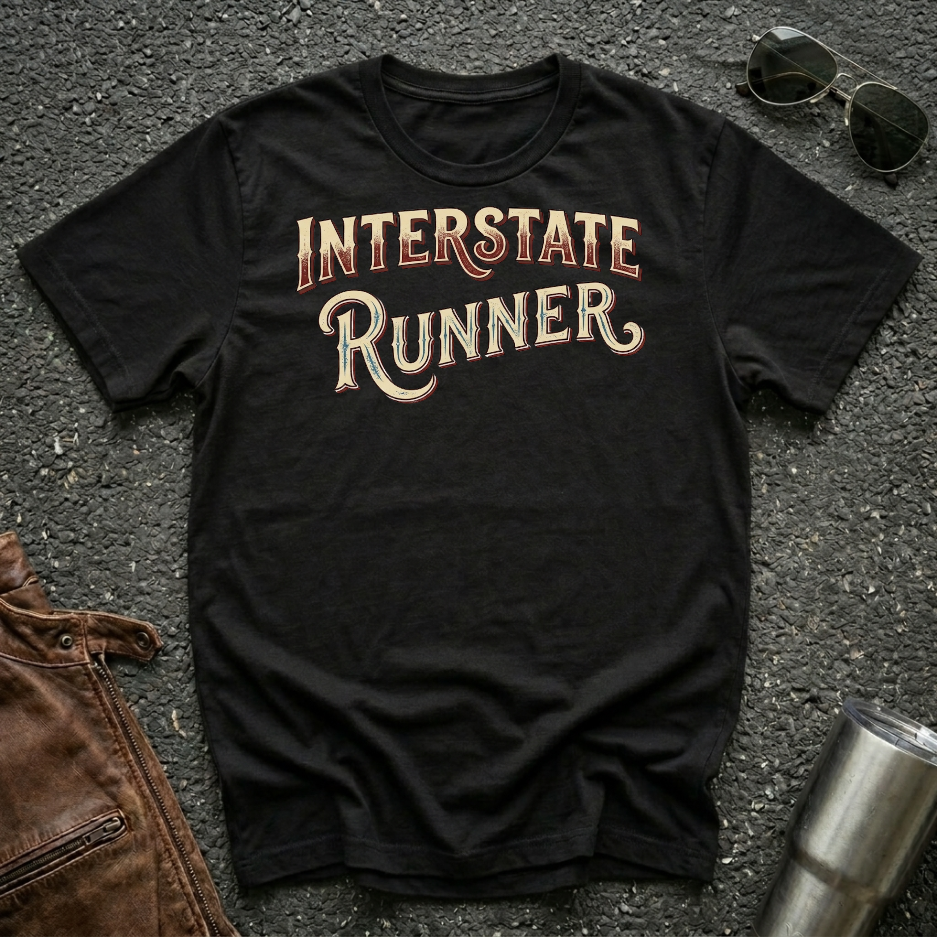 A black short-sleeve graphic T-shirt laid flat on a dark textured surface, with the words "INTERSTATE RUNNER" printed across the chest in a distressed cream and maroon font. Sunglasses, part of a brown leather jacket, and a metal tumbler are placed around it as styling props.
