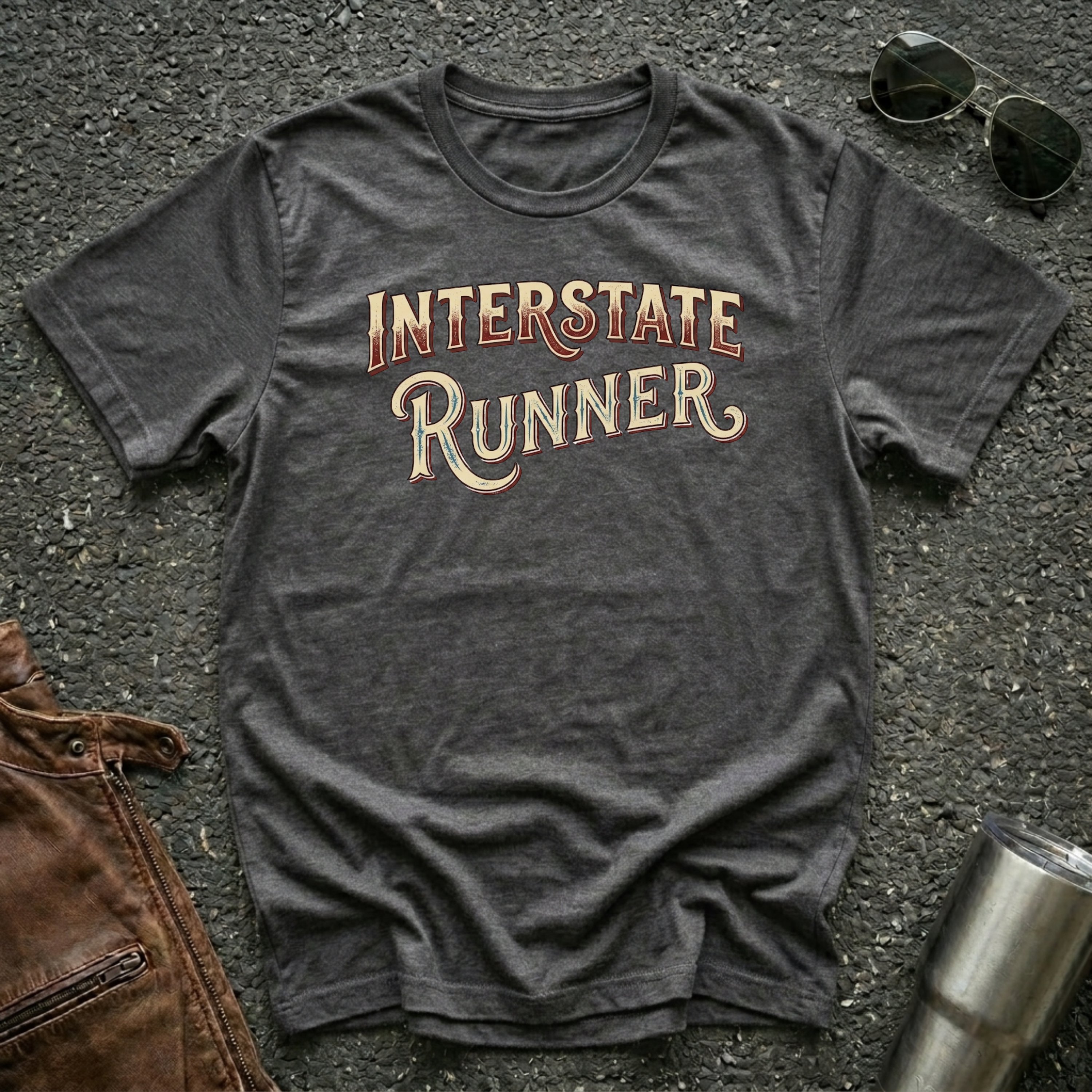 A dark heather short-sleeve graphic T-shirt laid flat on a dark textured surface, with the words "INTERSTATE RUNNER" printed across the chest in a distressed cream and maroon font. Sunglasses, part of a brown leather jacket, and a metal tumbler are placed around it as styling props.