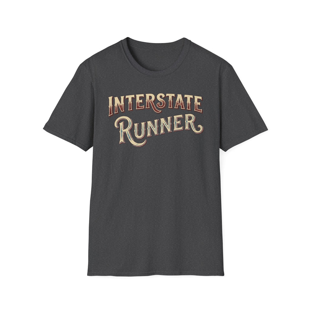 Dark heather 'Interstate Runner' vintage font t-shirt on a white background.
