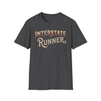 Dark heather 'Interstate Runner' vintage font t-shirt on a white background.