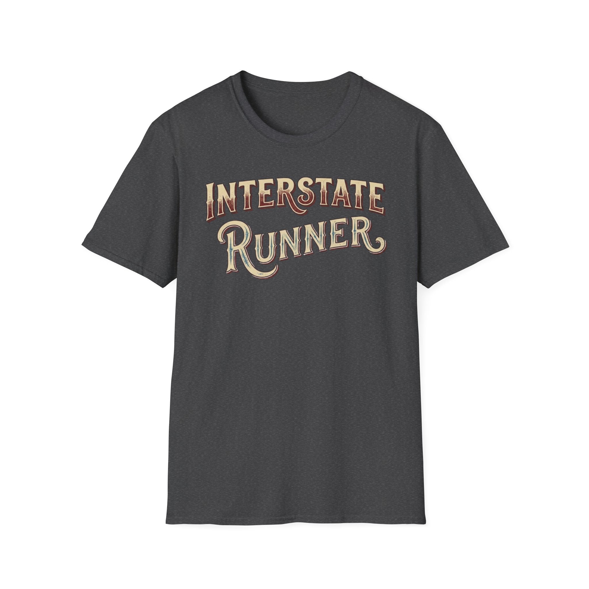 Dark heather 'Interstate Runner' vintage font t-shirt on a white background.