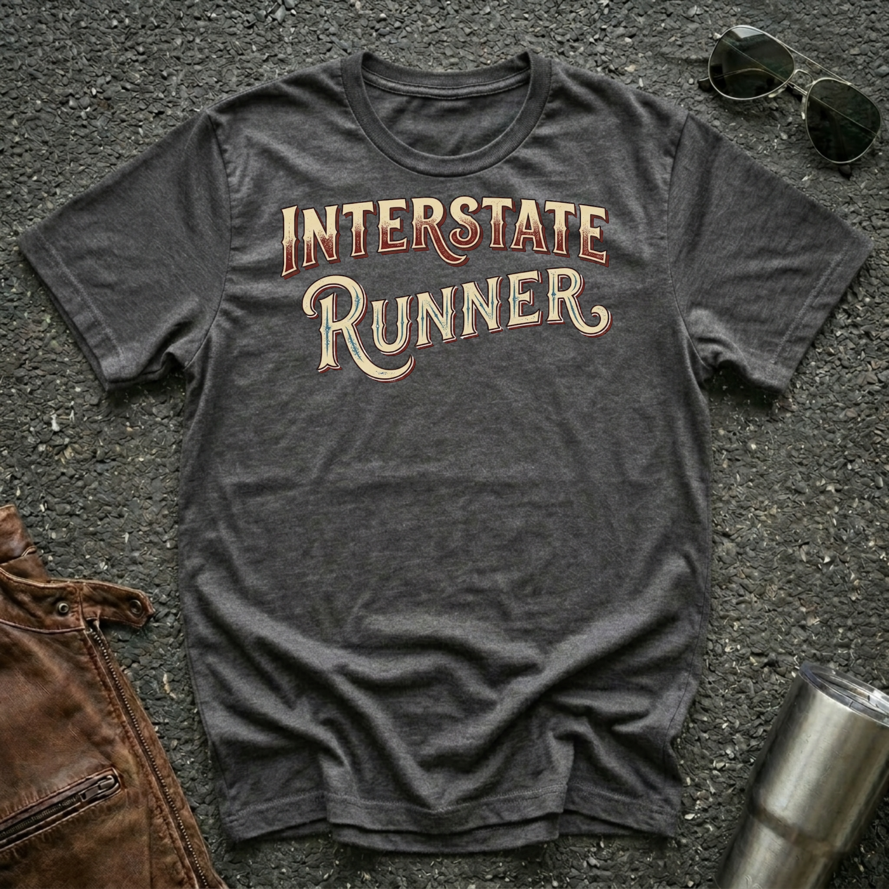 A dark heather gray graphic t-shirt with 'INTERSTATE RUNNER' printed in a distressed maroon and cream retro font, laid flat on a textured gray asphalt background with sunglasses, brown leather jacket  and a metal tumbler as props.