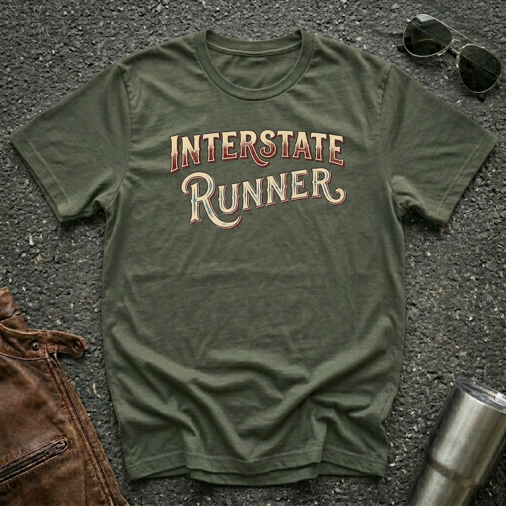 A military green short-sleeve graphic T-shirt laid flat on a dark textured surface, with the words "INTERSTATE RUNNER" printed across the chest in a distressed cream and maroon font. Sunglasses, part of a brown leather jacket, and a metal tumbler are placed around it as styling props.