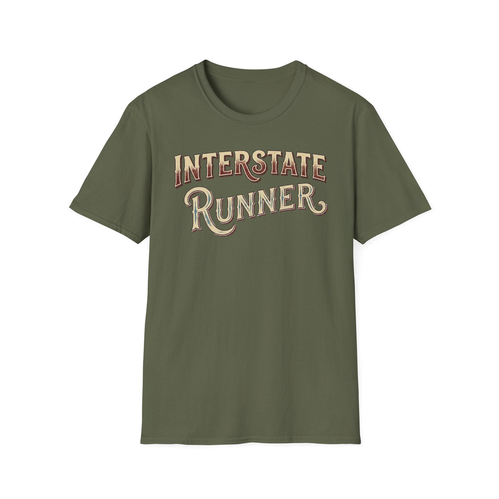 Military green 'Interstate Runner' vintage font t-shirt on a white background.