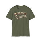Military green 'Interstate Runner' vintage font t-shirt on a white background.