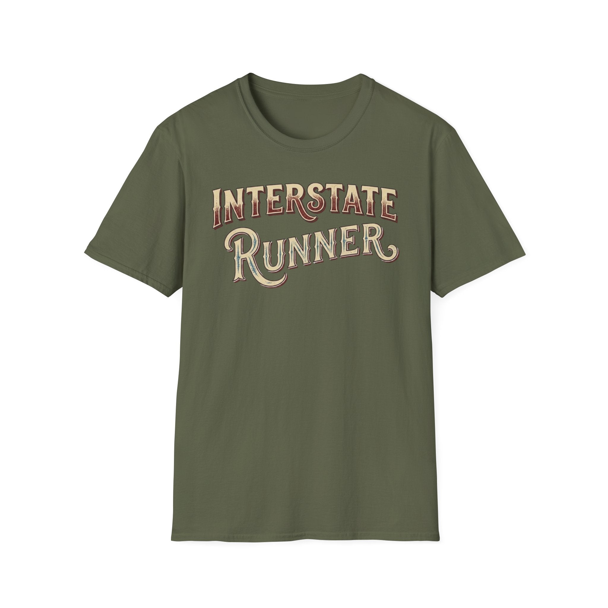 Military green 'Interstate Runner' vintage font t-shirt on a white background.