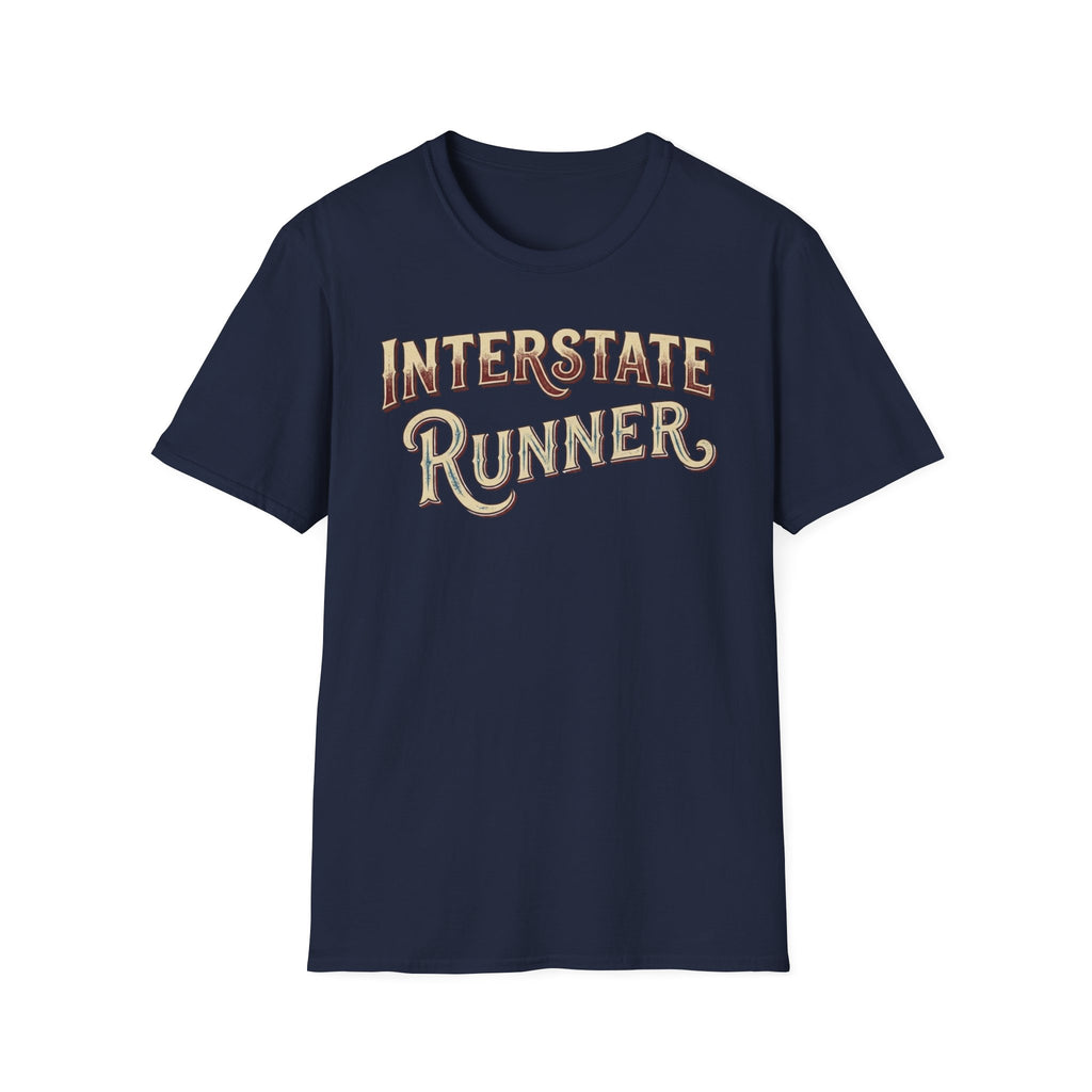 Navy 'Interstate Runner' vintage font t-shirt on a white background.