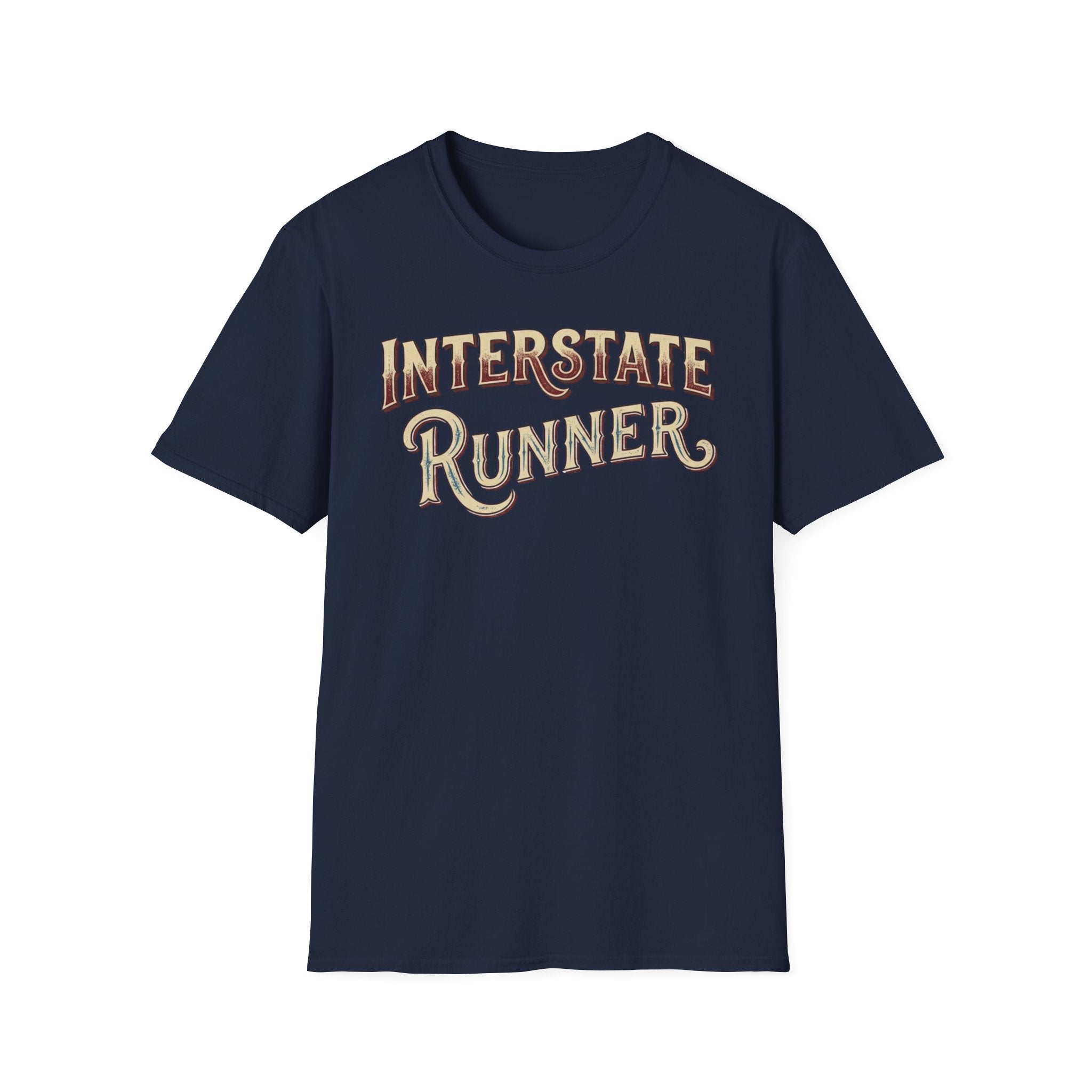 Navy 'Interstate Runner' vintage font t-shirt on a white background.