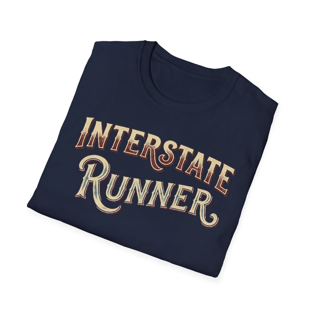 Navy 'Interstate Runner' vintage font t-shirt folded on a white background.
