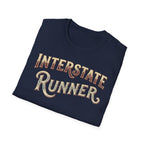 Navy 'Interstate Runner' vintage font t-shirt folded on a white background.
