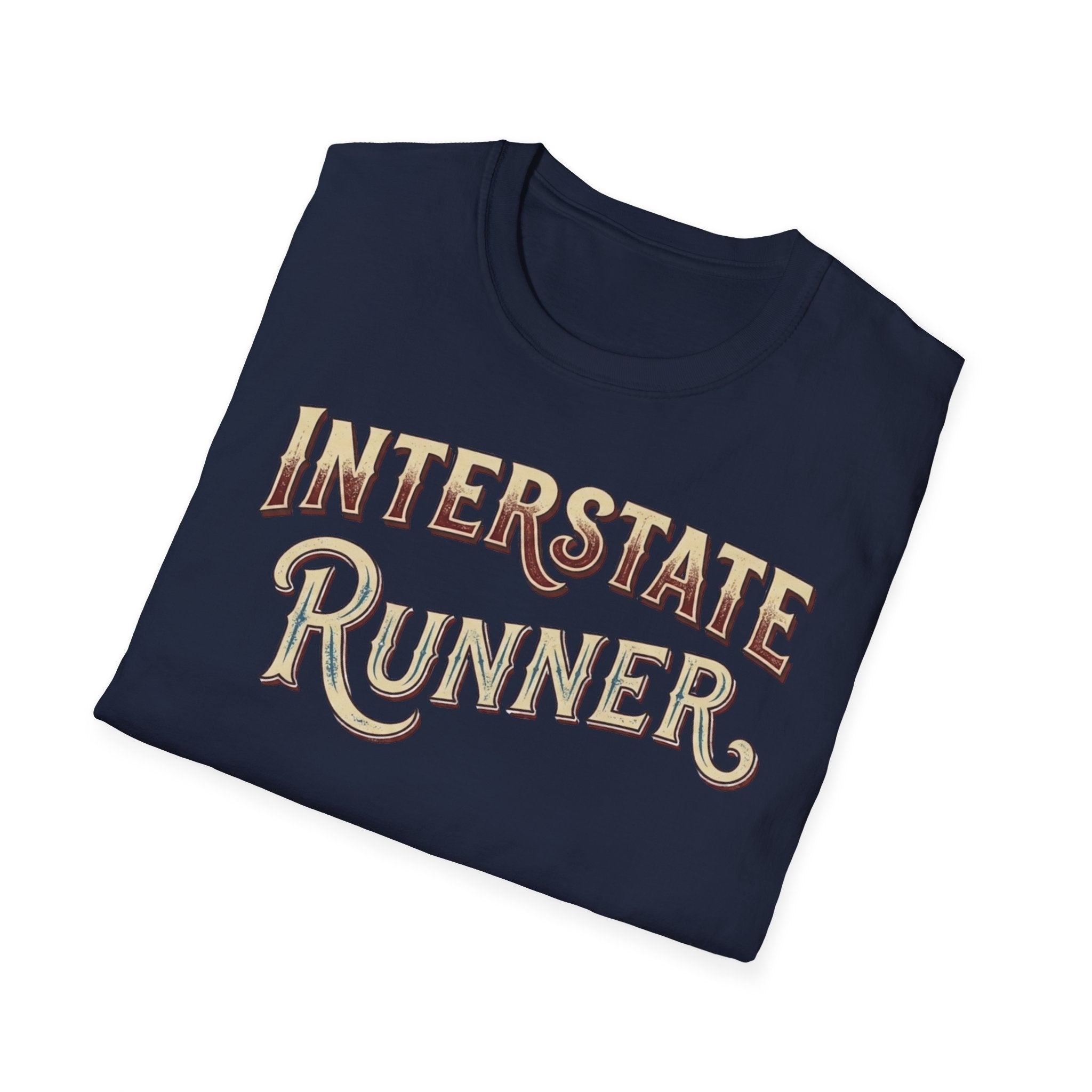 Navy 'Interstate Runner' vintage font t-shirt folded on a white background.