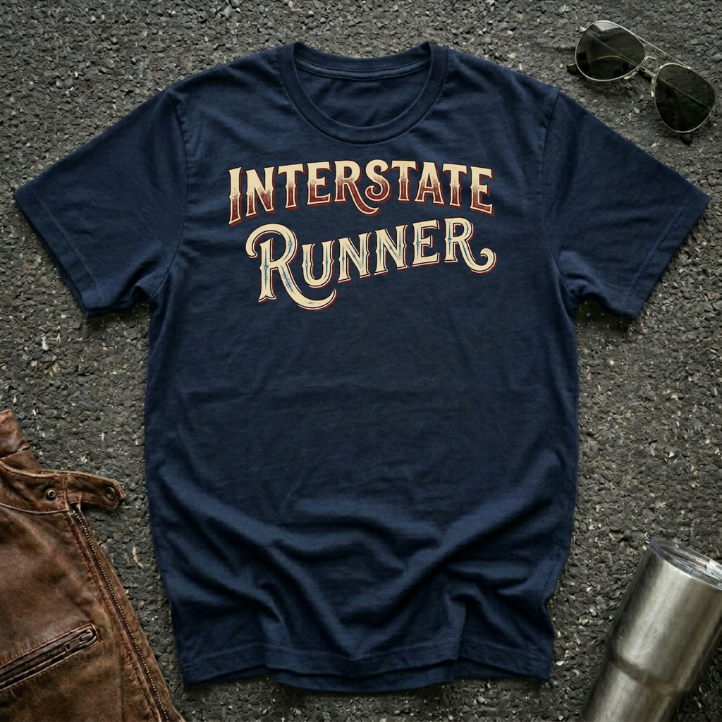 A navy blue graphic t-shirt with 'INTERSTATE RUNNER' printed in a distressed cream and maroon font, styled in a flat lay on asphalt with sunglasses, a brown leather jacket, and a metal tumbler.