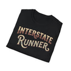 Black 'Interstate Runner' vintage font t-shirt folded on a white background.