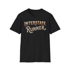 Black 'Interstate Runner' vintage font t-shirt on a white background.