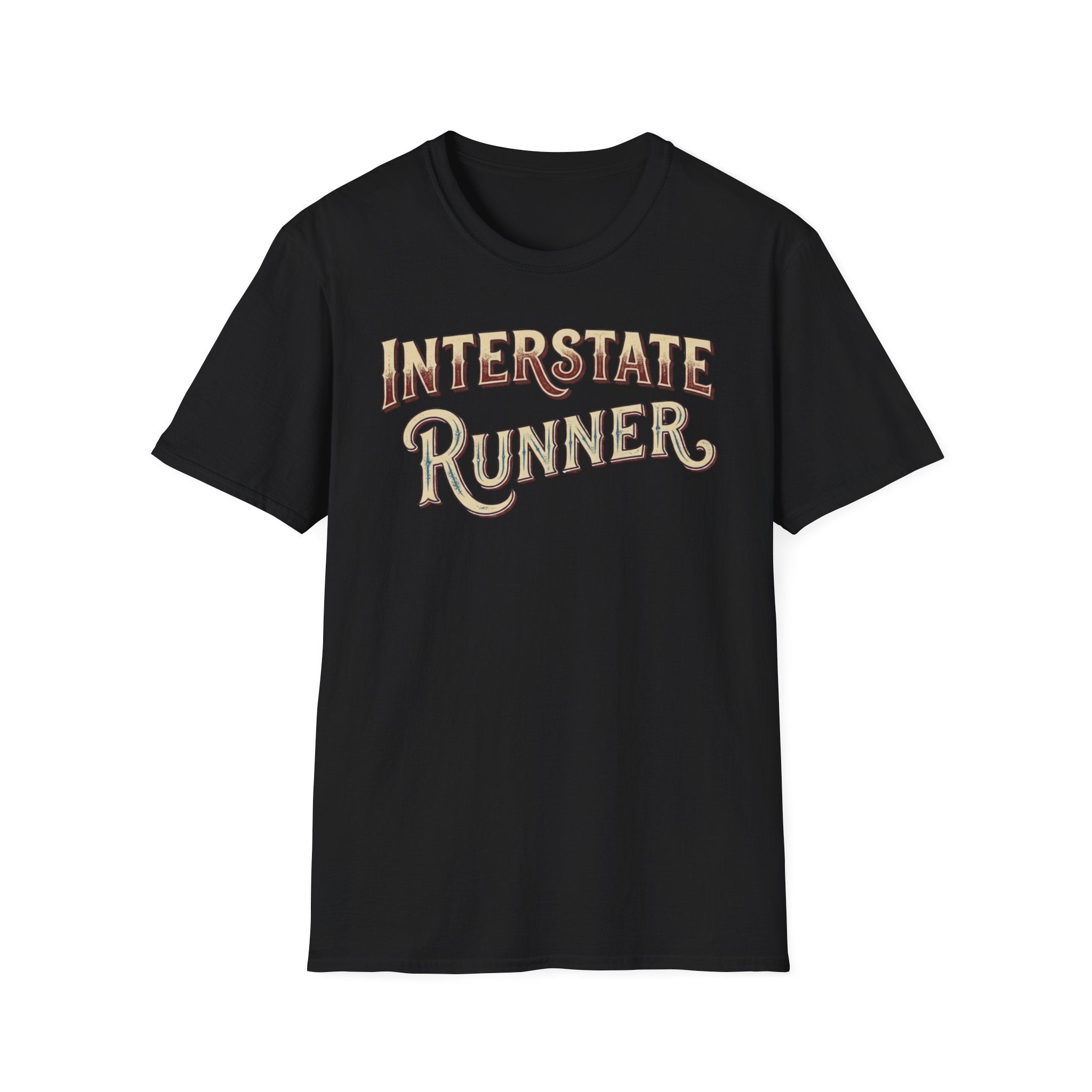 Black 'Interstate Runner' vintage font t-shirt on a white background.