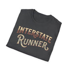 Dark heather 'Interstate Runner' vintage font folded  t-shirt on a white background.
