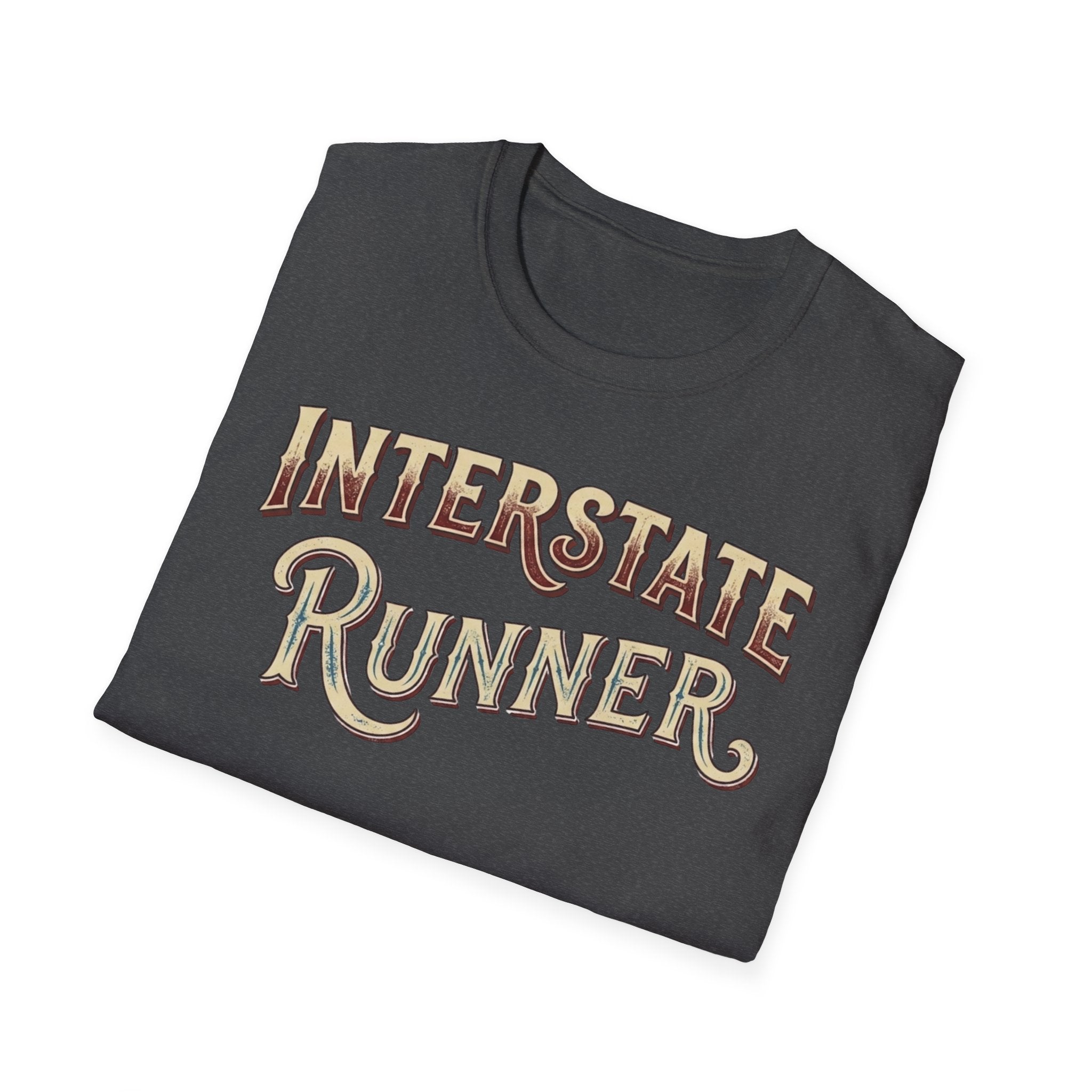 Dark heather 'Interstate Runner' vintage font folded  t-shirt on a white background.