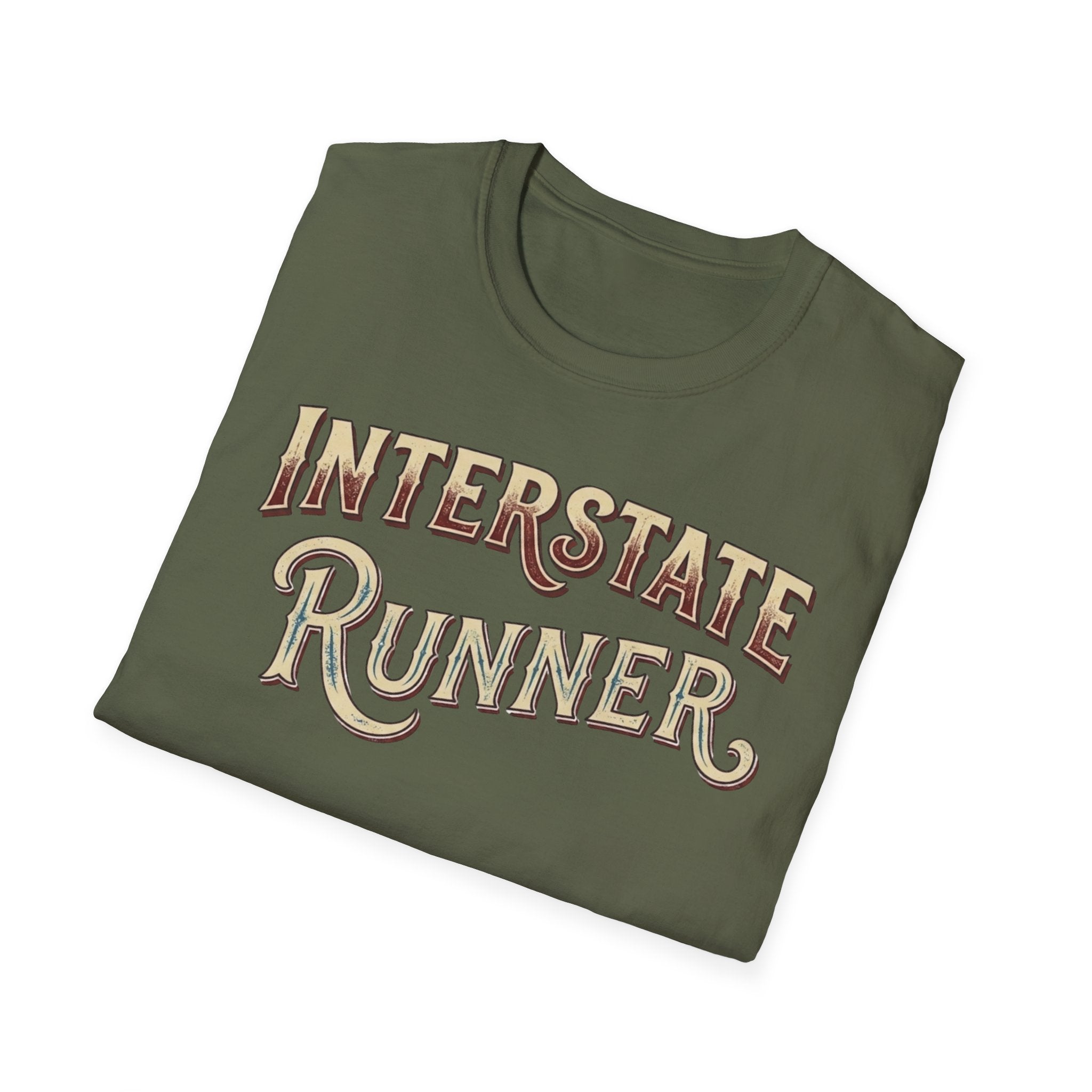 Military green 'Interstate Runner' vintage font folded t-shirt on a white background.