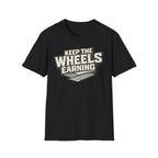 black 'keep the wheels earning' t-shirt with tracks on it with a white background