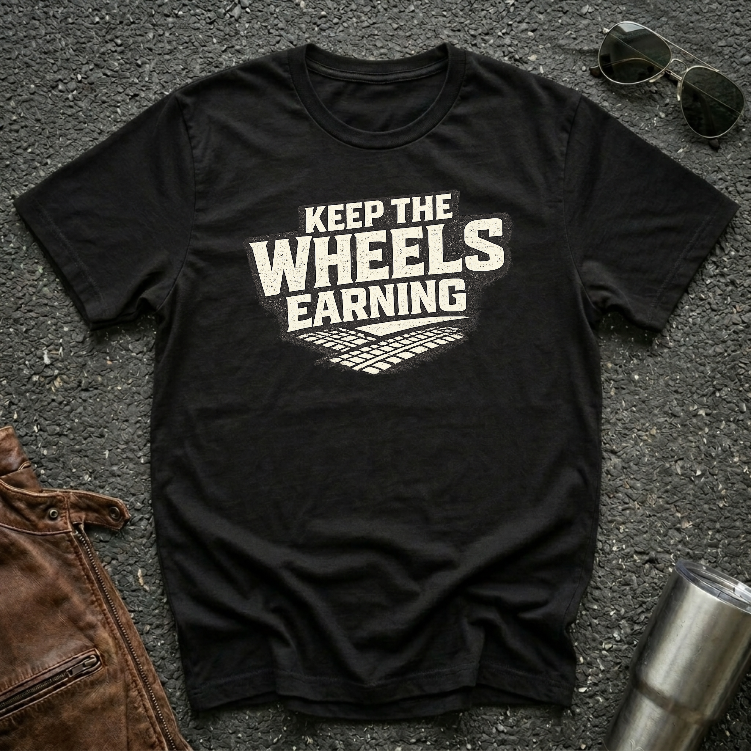 black 'keep the wheels earning' t-shirt with tracks on it 
