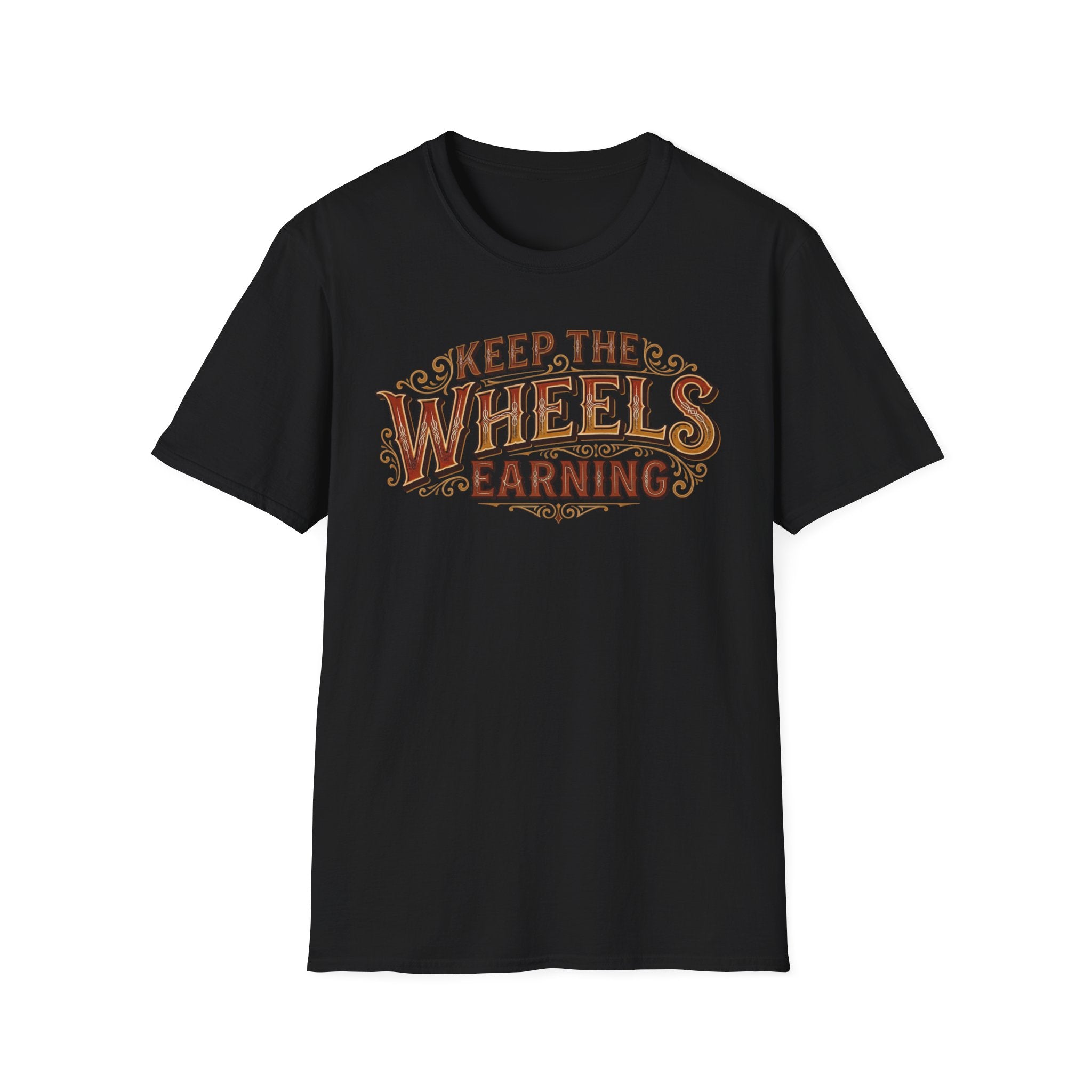 Black 'Keep The Wheels Earning' vintage RV Transport T-shirt featuring vintage gold and rust typography on a soft unisex tee on a white background.