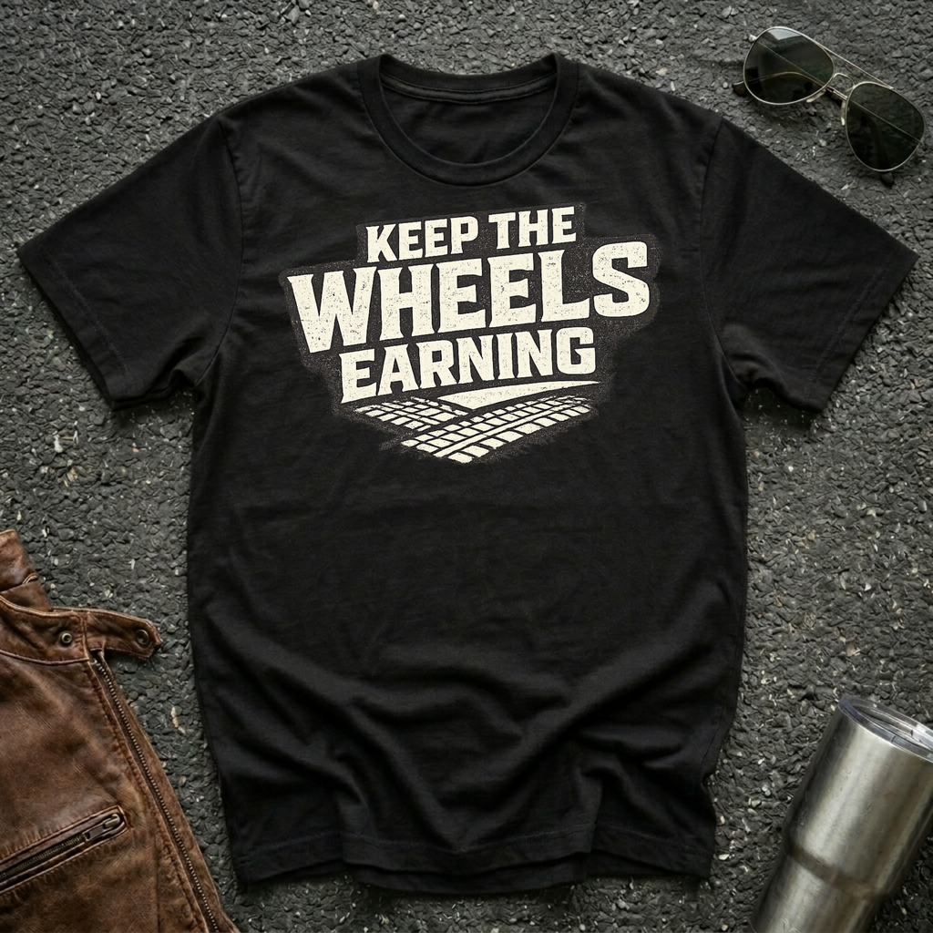 black 'keep the wheels earning' t-shirt with tracks on it 