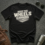 black 'keep the wheels earning' t-shirt with tracks on it 