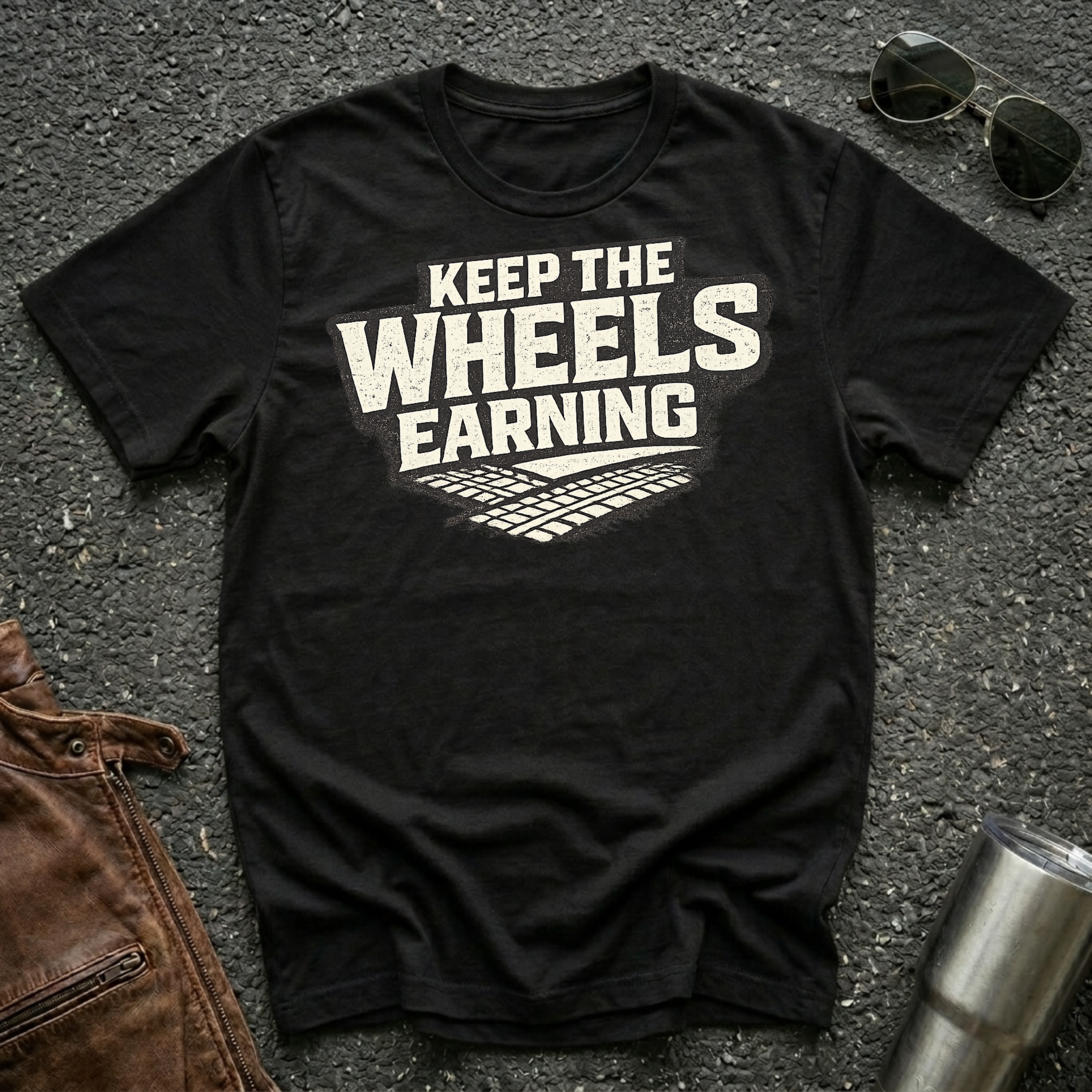 black 'keep the wheels earning' t-shirt with tracks on it 