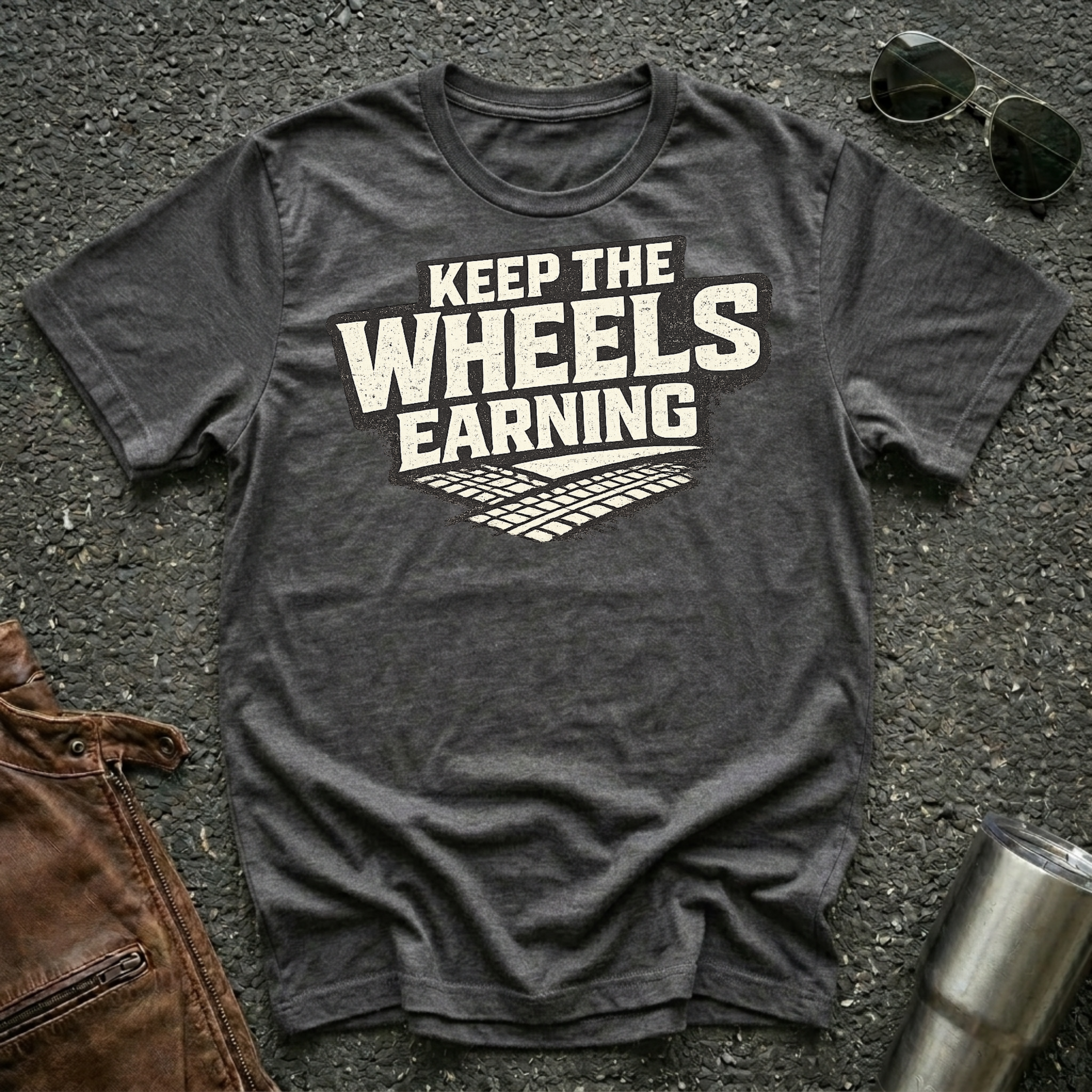 dark heather 'keep the wheels earning' t-shirt with tracks on it 