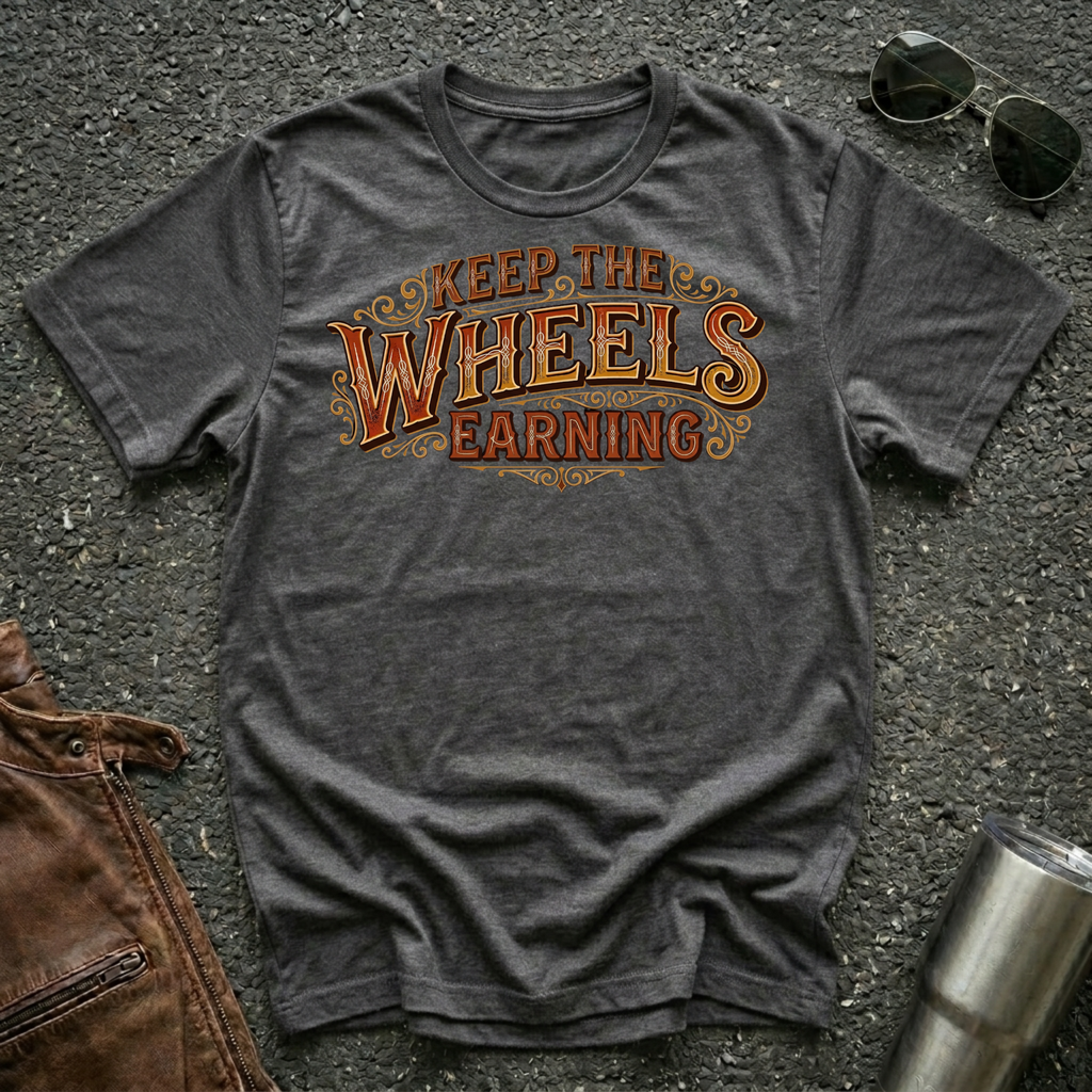 Dark heather 'Keep The Wheels Earning' RV Transport T-shirt featuring vintage gold and rust typography on a soft unisex tee.