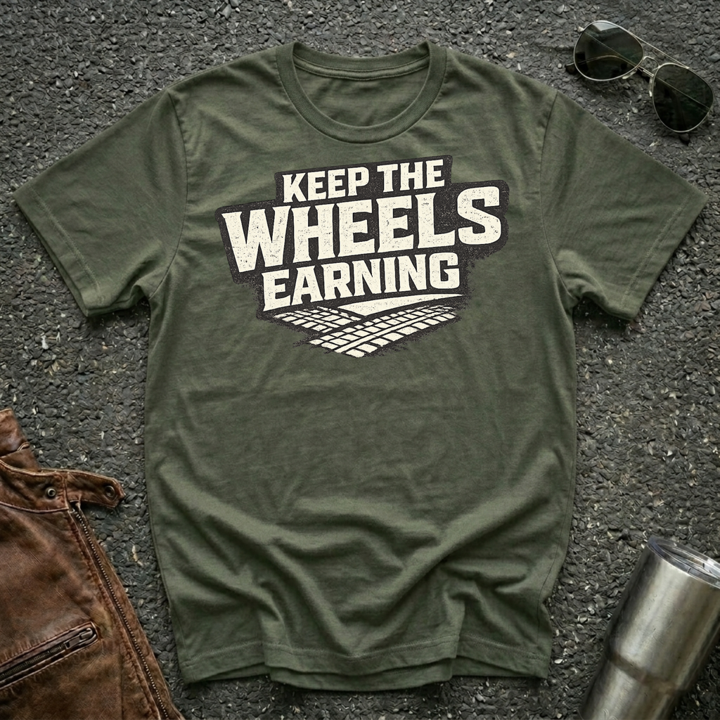 military green 'keep the wheels earning' t-shirt with tracks on it 
