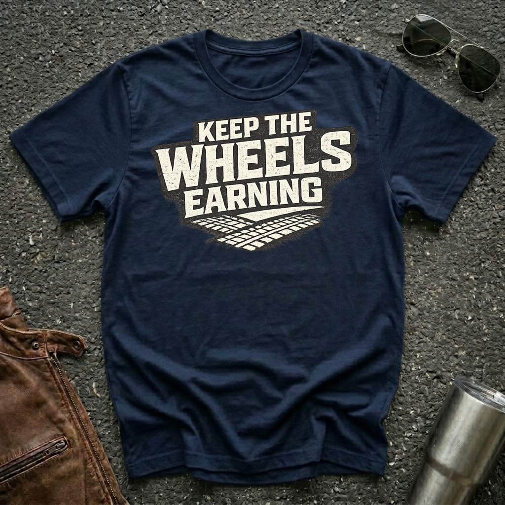 navy 'keep the wheels earning' t-shirt with tracks on it 
