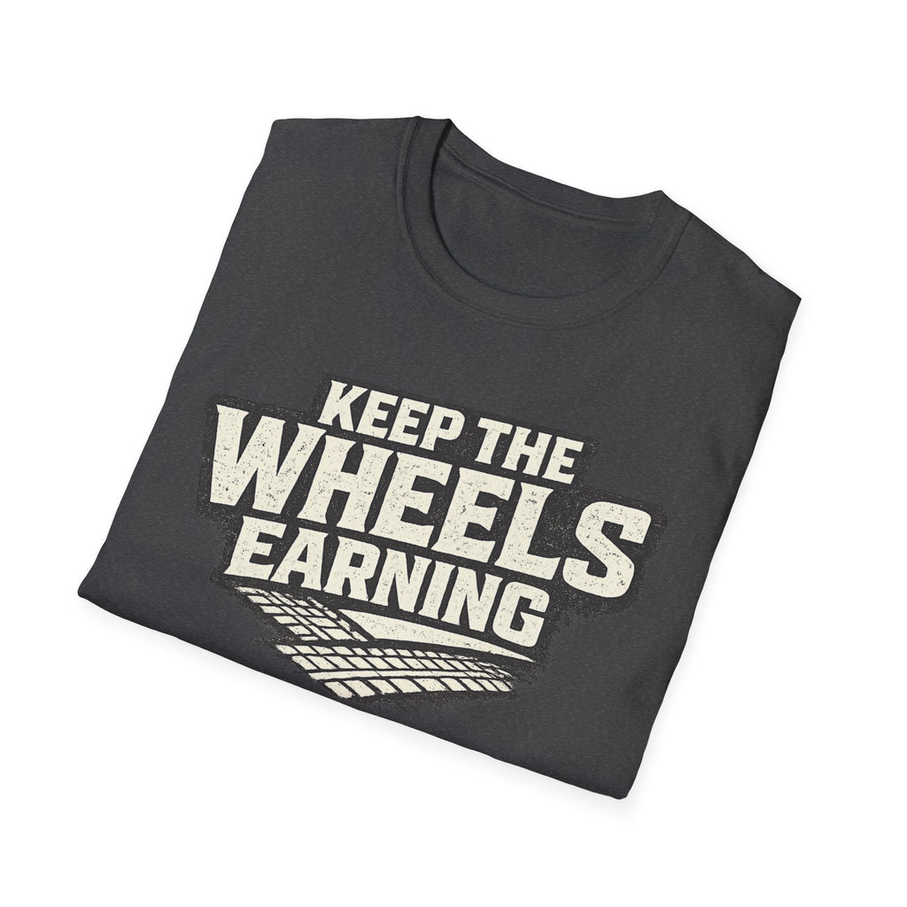 dark heather 'keep the wheels earning' t-shirt folded with tracks on it with a white background