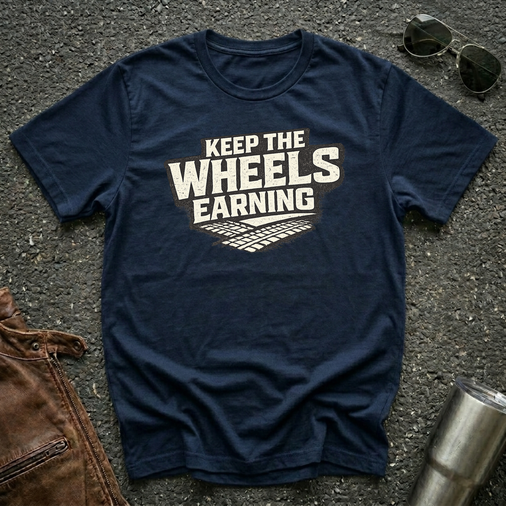 Navy t-shirt 'Keep The Wheels Earning' with tire tracks flat mockup
