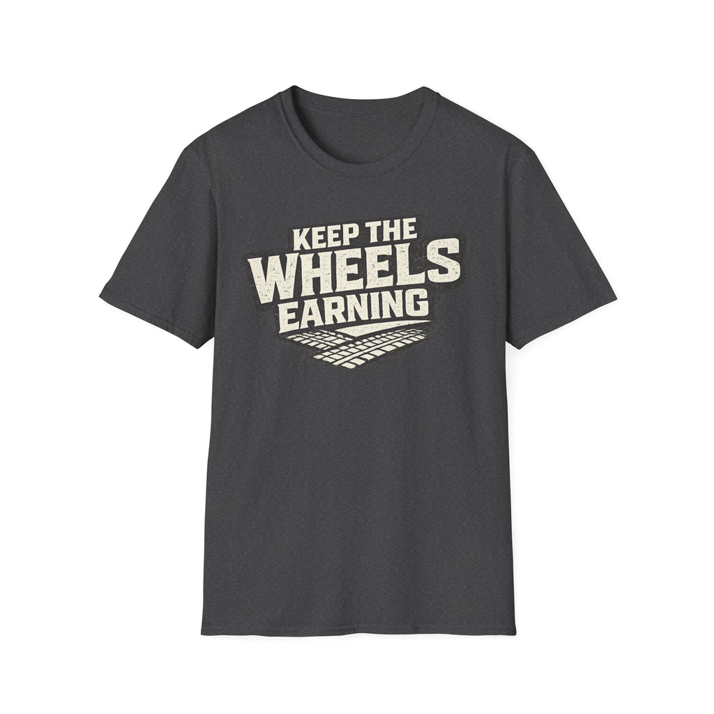dark heather 'keep the wheels earning' t-shirt with tracks on it with a white background